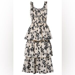 Floral Tiered Smocked Dress - Black and Cream